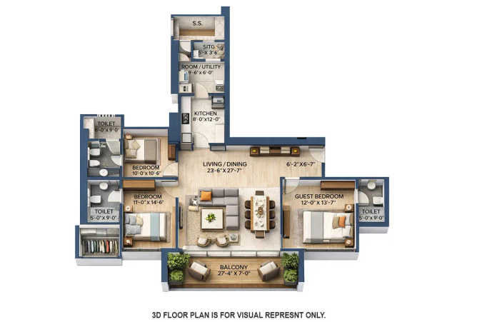 Shapoorji The Odyssey Marine Drive - Floor plan 3 BHK 1533 Sq.ft