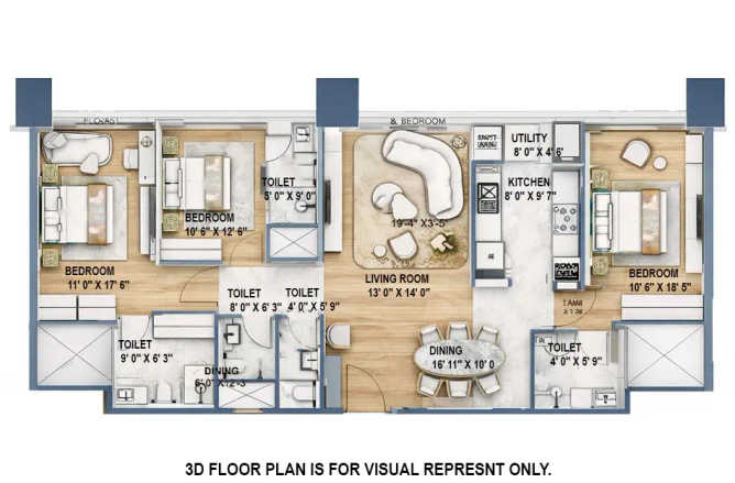Rustomjee Crown Prabhadevi - Floor plan 3 BHK 1335 Sq.ft