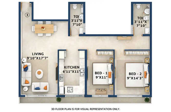Tricity Bayview Kalamboli - Floor plan 2 BHK 985 Sq.ft