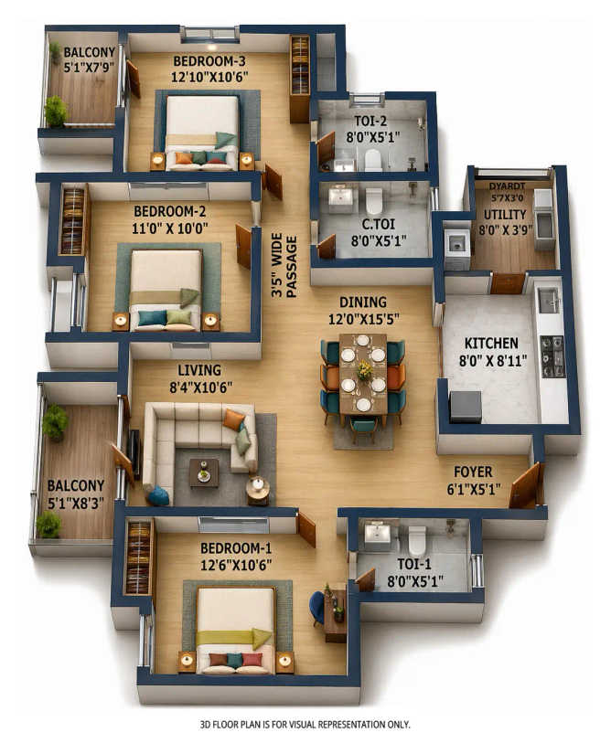 Vajram Vivera Kogilu - Floor plan 3 BHK 1573 Sq.ft