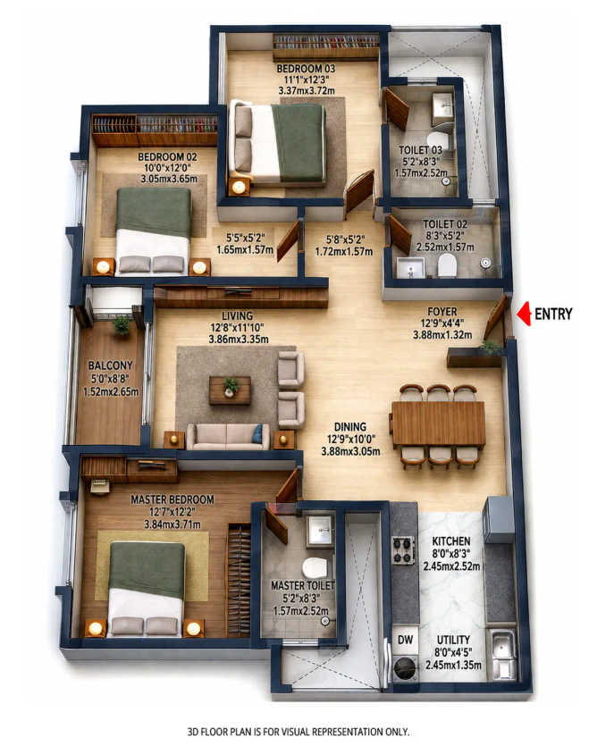 Brigade Eternia Yelahanka - Floor plan 3 BHK 1624 Sq.ft