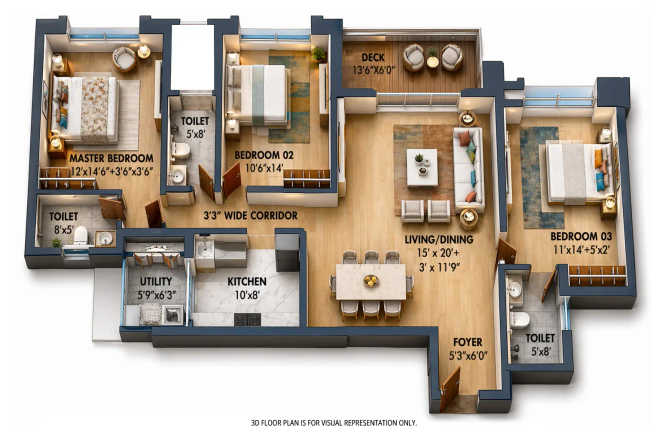 Lodha Azur Hulimavu - Floor plan 3 BHK 1948 Sq.ft