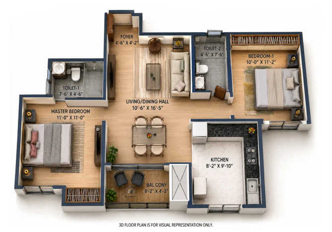 Provident Botanico Whitefield - Floor plan 2 BHK 986 Sq.ft