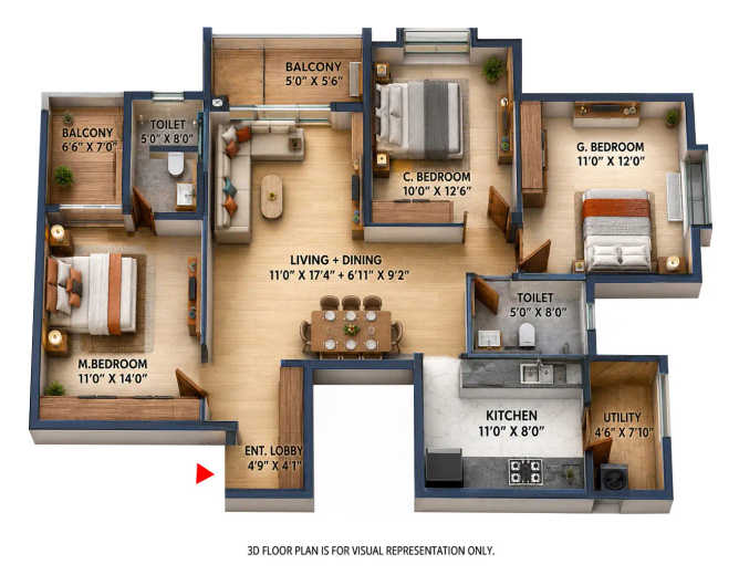 TVS Emerald Auralis Sathanur - Floor plan 3 BHK 1509 Sq.ft
