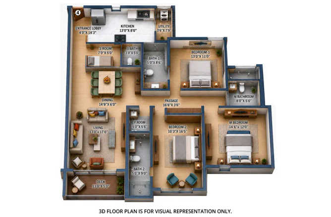 Rustomjee Crescent Bandra - Floor plan 3 BHK 1422 Sq.ft