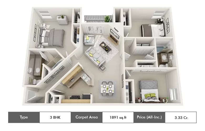 Floor plan for 3 BHK