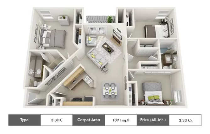 Appaswamy Clover By The River Adyar - Floor plan 3 BHK 1891 Sq.ft