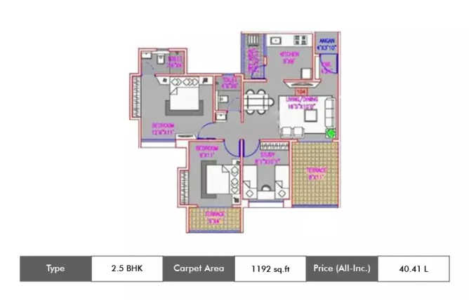 Majestique City Wagholi - Floor plan 2.5 BHK 1192 Sq.ft