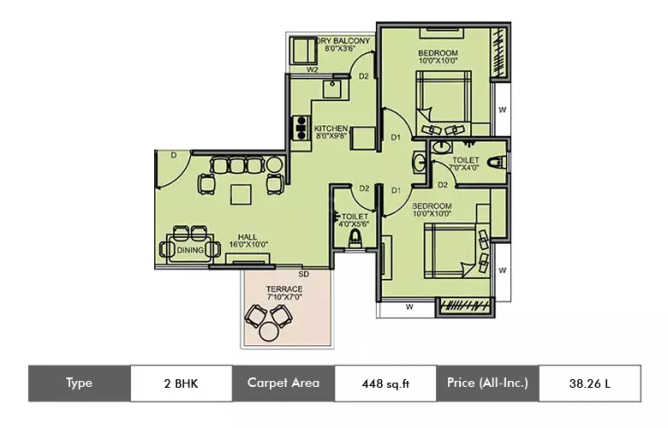 Majestique Aqua Fursungi - Floor plan 2 BHK 448 Sq.ft