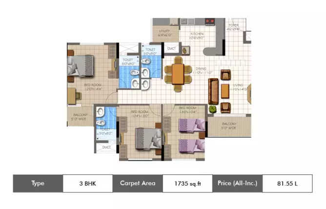 Supertech Micasa Thanisandra - Floor plan 3 BHK 1735 Sq.ft
