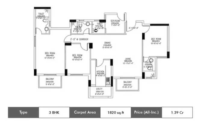 DLF Westend Heights Akshaya Nagar - Floor plan 3 BHK 1820 Sq.ft