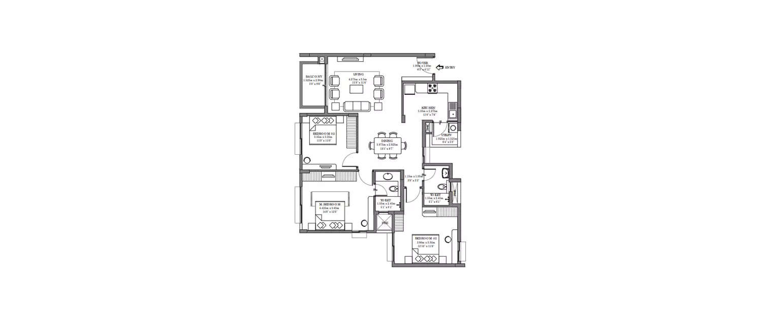 Floor plan for 3 BHK