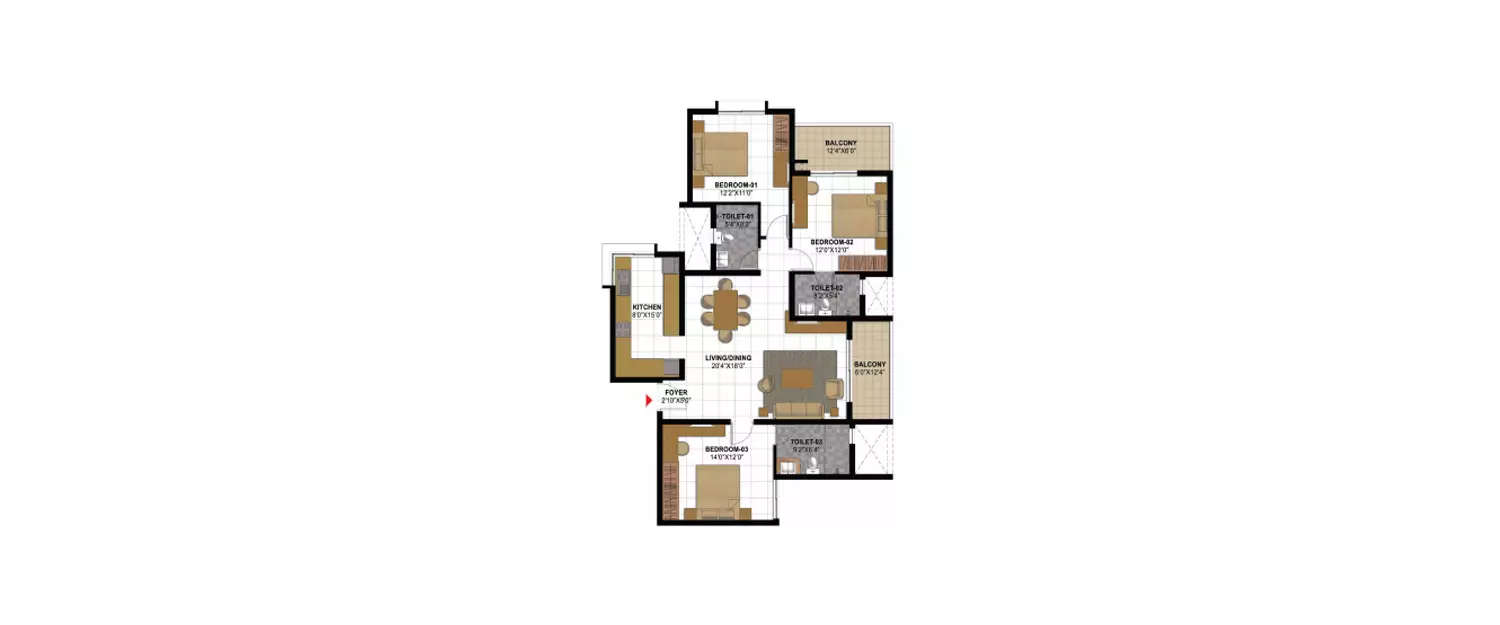 Floor plan for 3 BHK