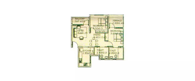 Paranjape Athashri Whitefield - Floor plan 2 BHK 1234 Sq.ft