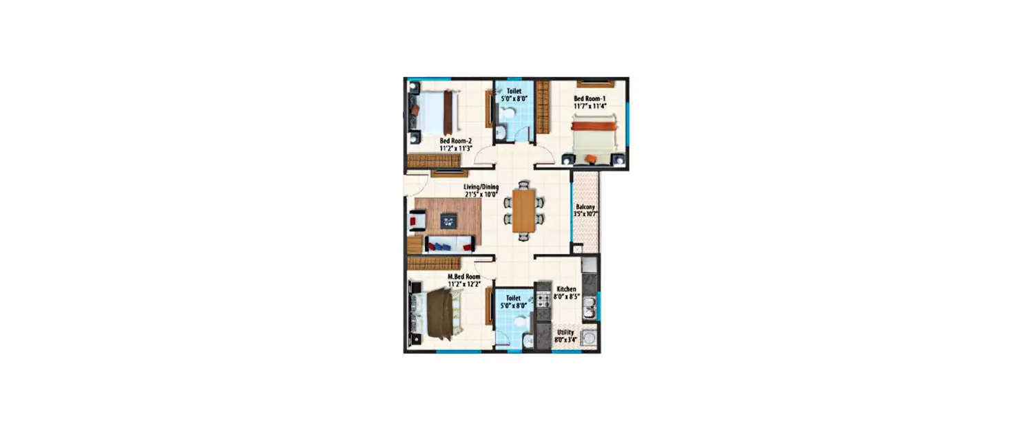 Floor plan for 3 BHK