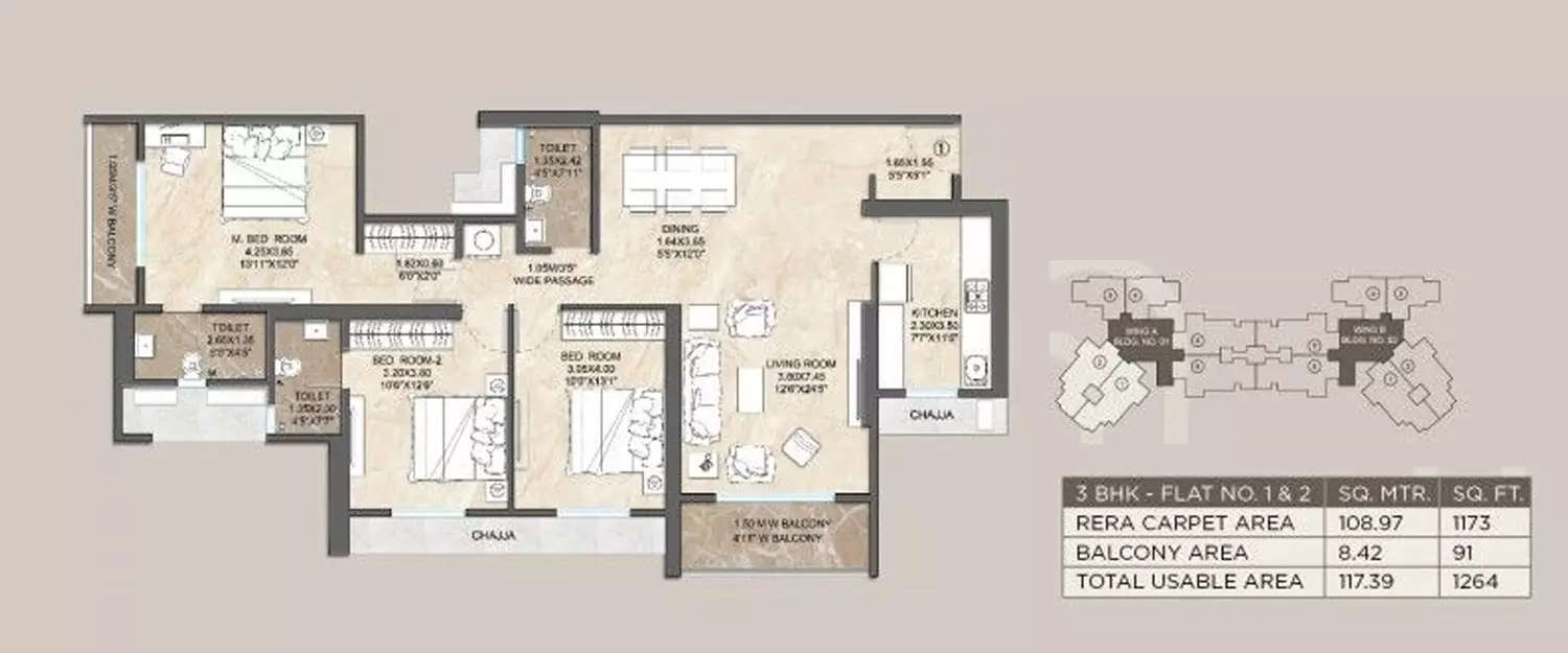 Floor plan for 3 BHK