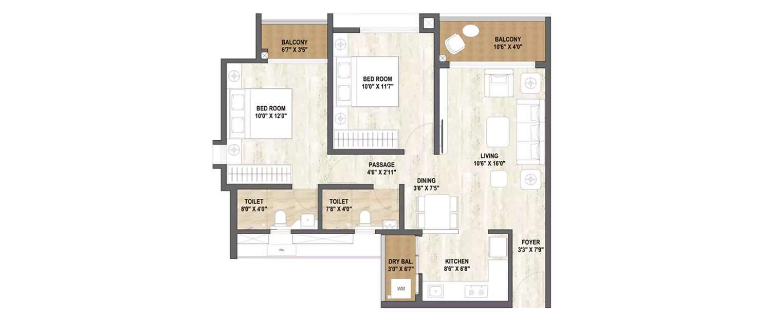 Floor plan for 2 BHK