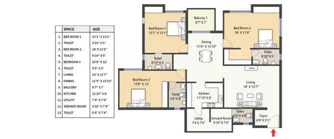 Alliance Orchids Springs Korattur - Floor plan 3 BHK 2392 Sq.ft