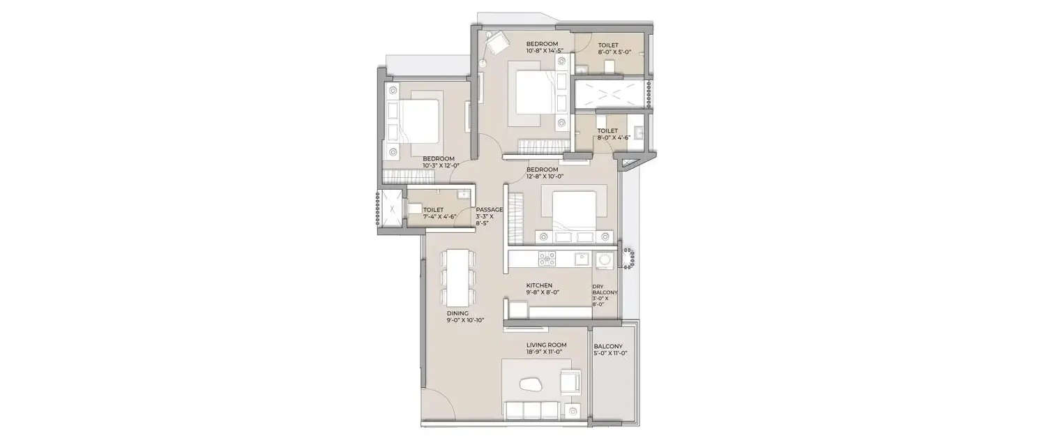 Floor plan for 3 BHK
