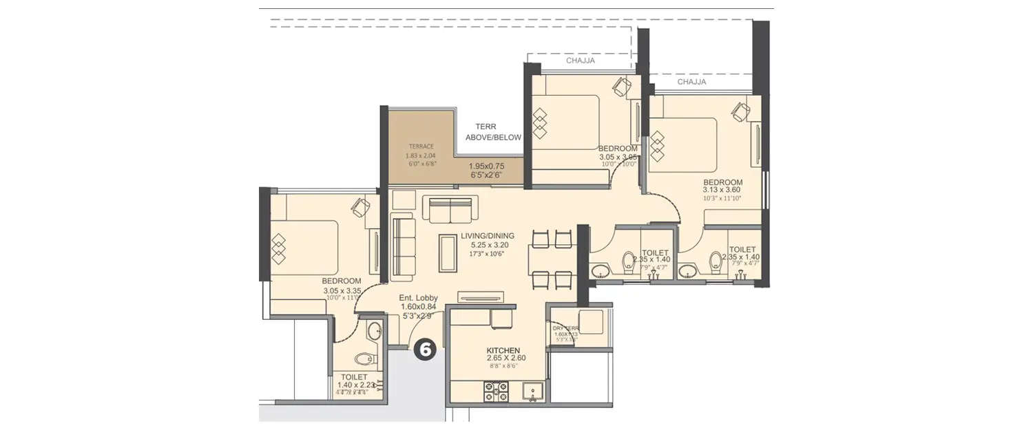 Floor plan for 3 BHK