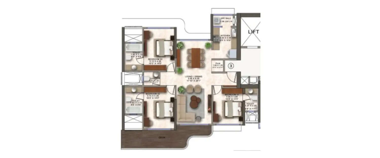 Floor plan for 3 BHK