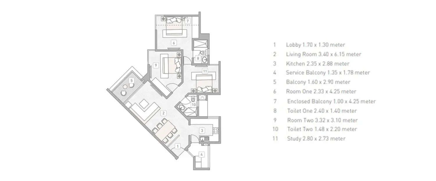 Floor plan for 3 BHK