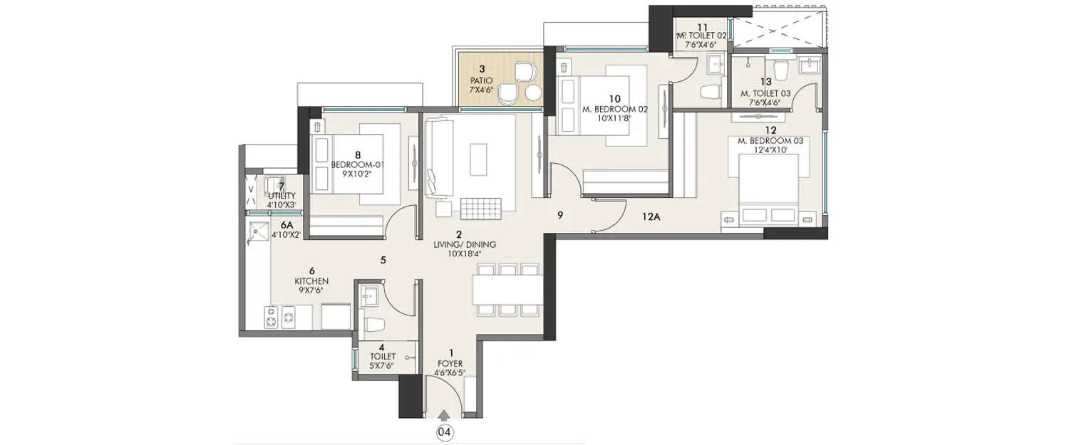Floor plan for 3 BHK