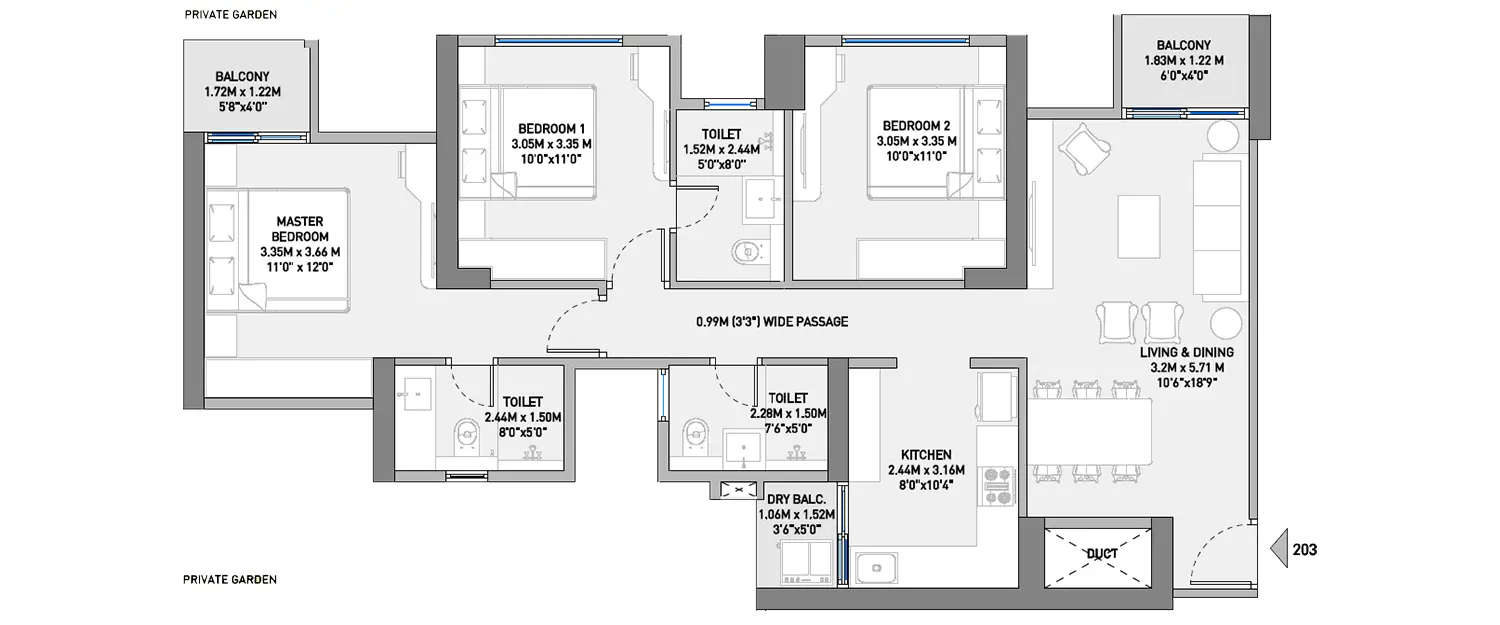 Floor plan for 3 BHK