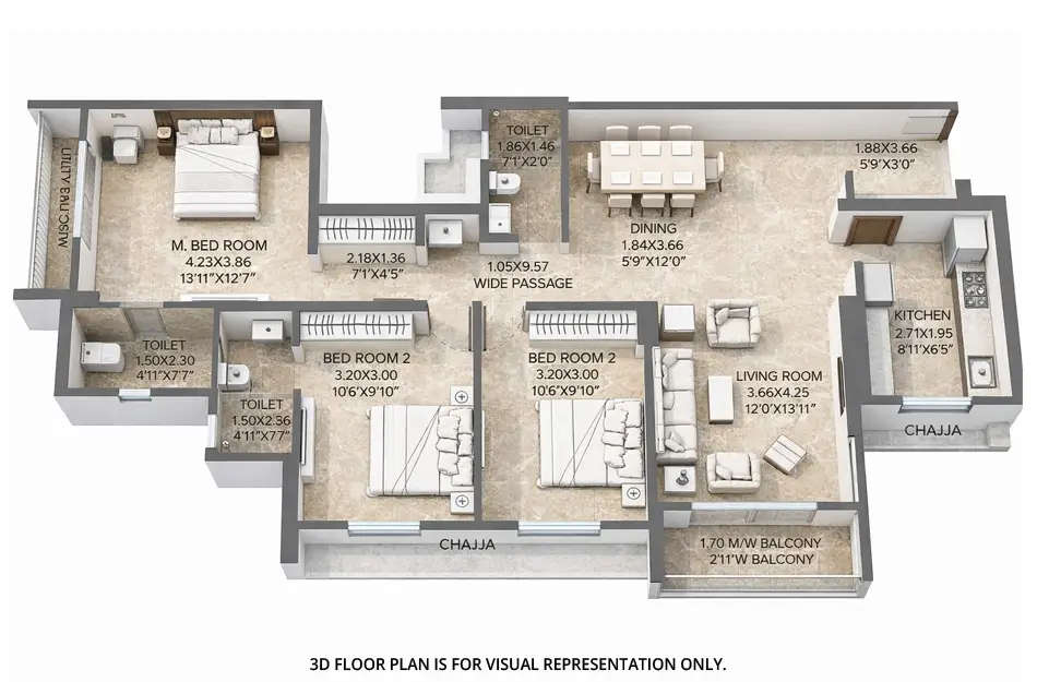 Floor plan for 3 BHK