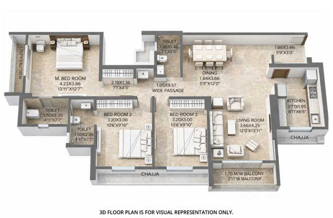 Dosti West County Balkum - Floor plan 3 BHK 1264 Sq.ft