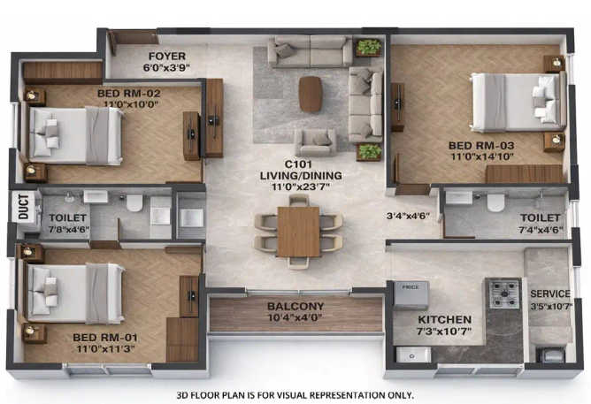 Runwal One Ghodbunder Road - Floor plan 3 BHK 1276 Sq.ft