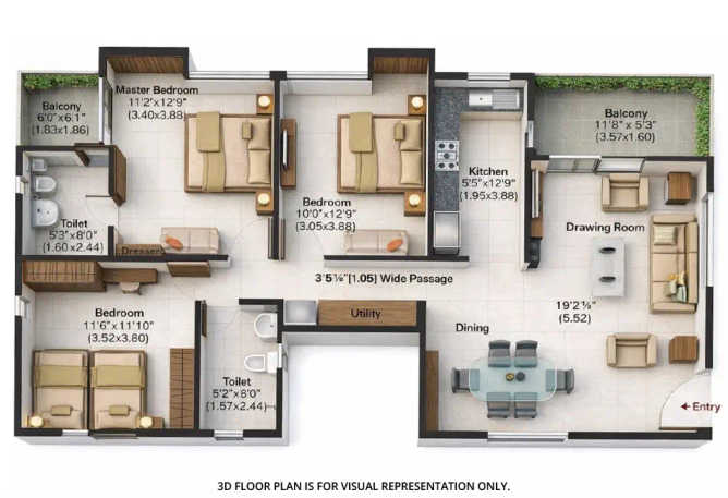 Rustomjee Uptown Urbania Majiwada - Floor plan 3 BHK 932 Sq.ft