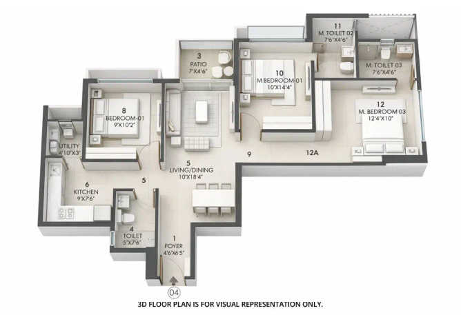 Rustomjee La Vie Majiwada - Floor plan 3 BHK 858 Sq.ft