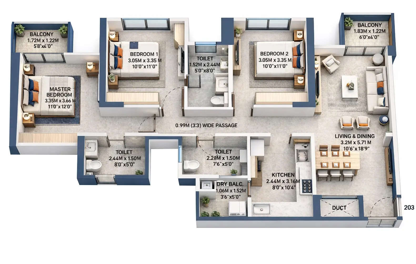Floor plan for 3 BHK