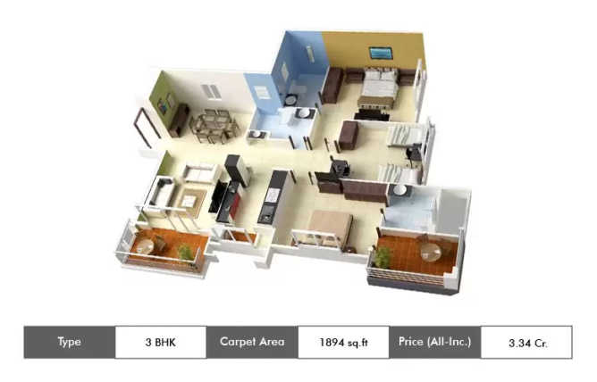 Appaswamy Clover By The River Adyar - Floor plan 3 BHK 1894 Sq.ft