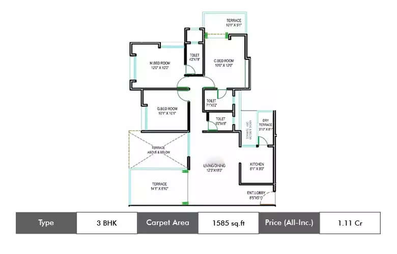 Floor plan for 3 BHK