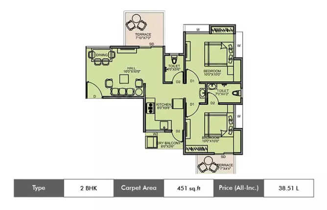 Majestique Aqua Fursungi - Floor plan 2 BHK 451 Sq.ft