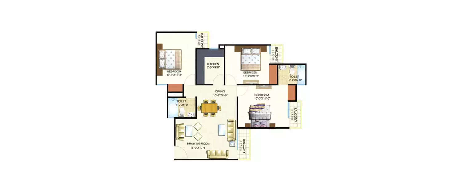 Floor plan for 3 BHK