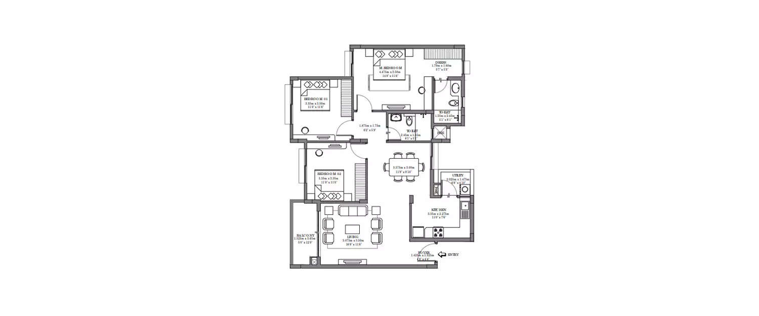 Floor plan for 3 BHK