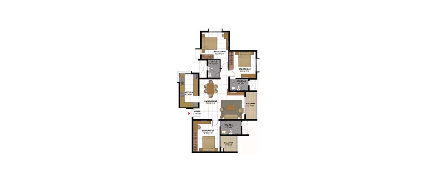 Floor plan for 3 BHK
