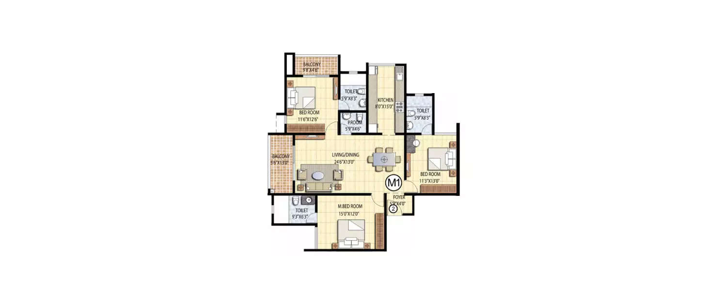 Floor plan for 3 BHK