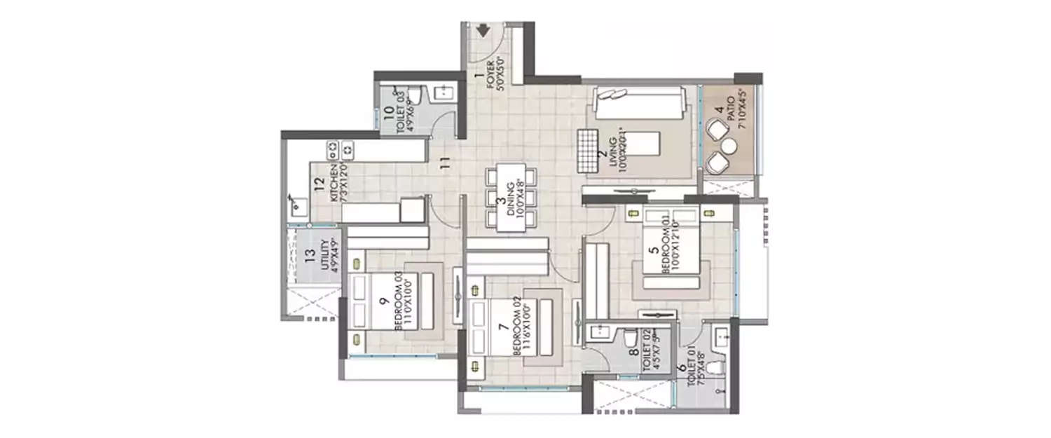 Floor plan for 3 BHK