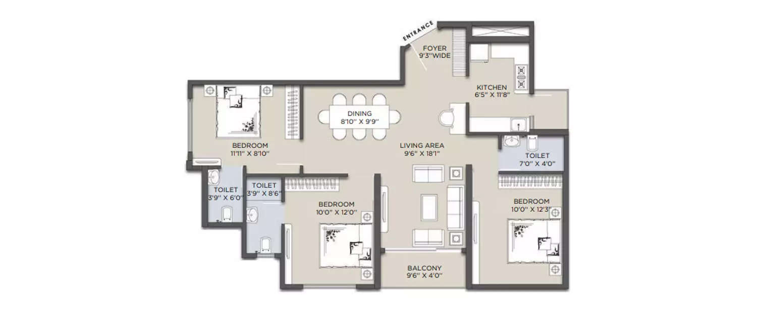 Floor plan for 3 BHK