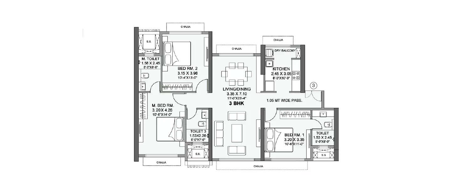 Floor plan for 3 BHK