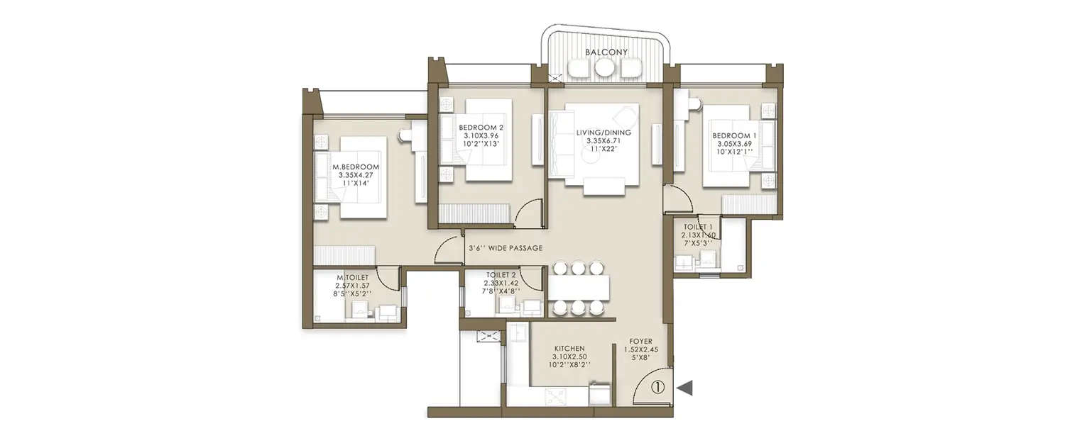 Floor plan for 3 BHK