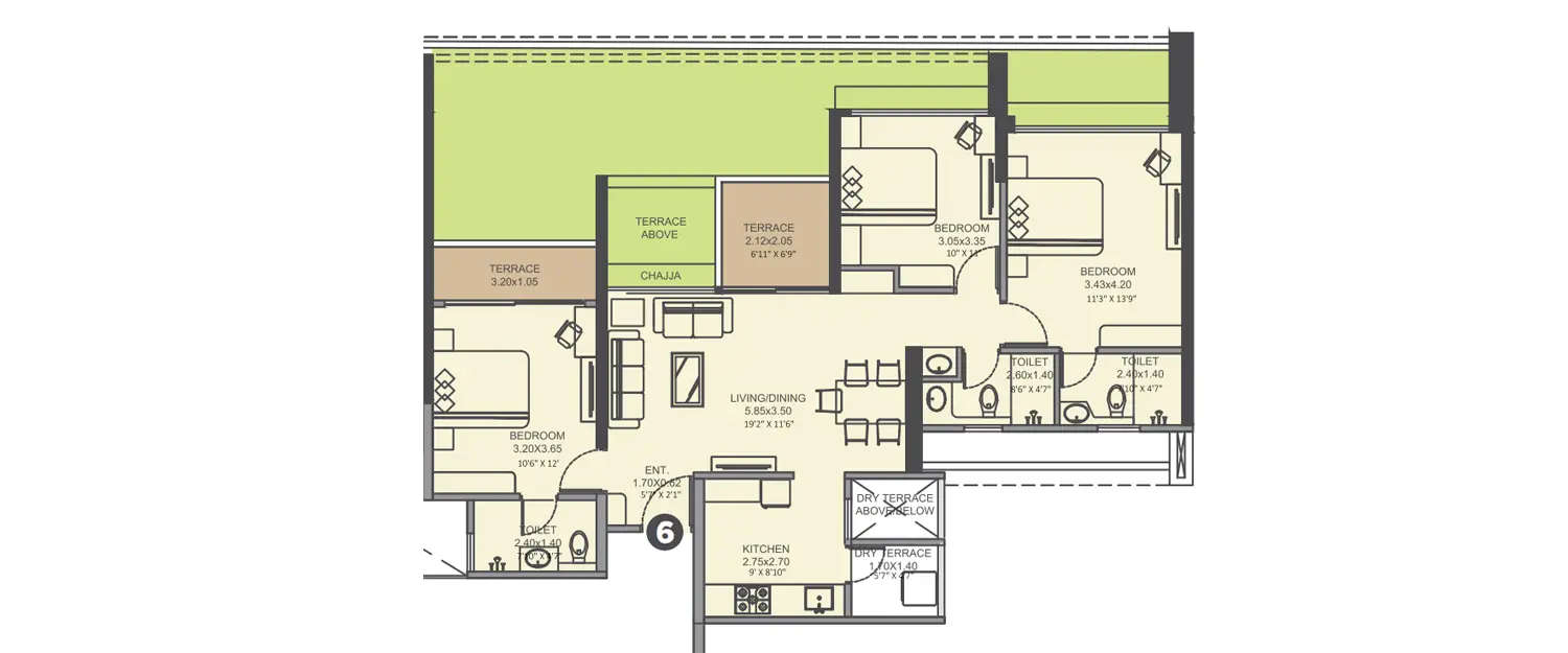 Floor plan for 3 BHK