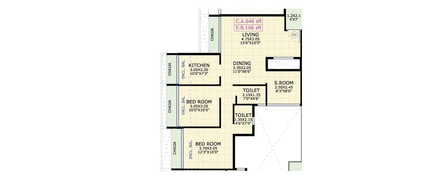 Floor plan for 3 BHK