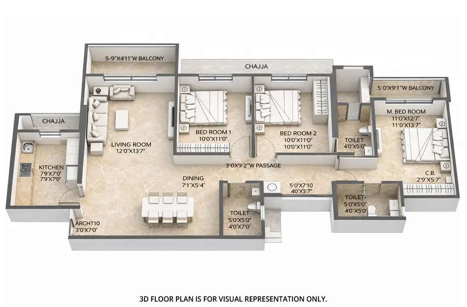 Floor plan for 3 BHK