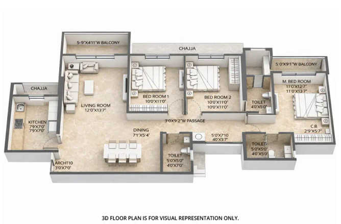 Dosti West County Balkum - Floor plan 3 BHK 1275 Sq.ft