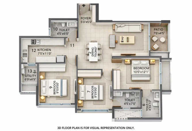 Rustomjee Uptown Urbania Majiwada - Floor plan 3 BHK 1121 Sq.ft